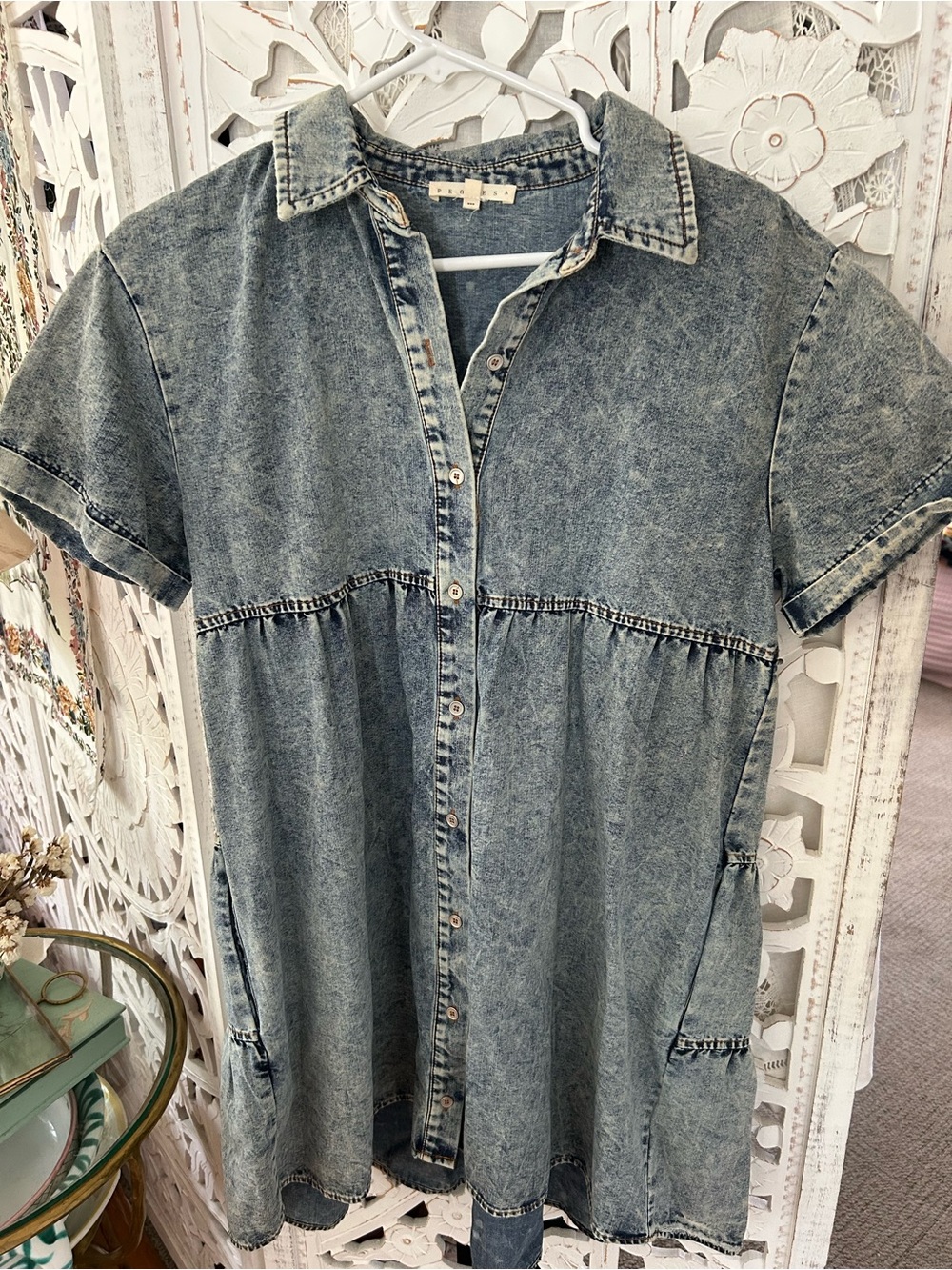 Washed Blue Denim Button-Front Women’s Shirt dress